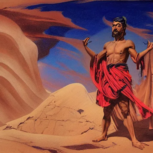 Image similar to Silk sheet intercession desert the tempest male Bedouin under crimson azure diamond sky, in the style of Frank Frazetta, Jeff Easley, Caravaggio, extremely clear faces coherent, clear lines, 8K revolution