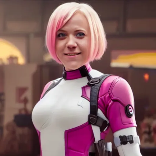 Prompt: A still of Gwenpool in Deadpool 3 (2023), beautiful face, blonde hair with pink highlights, no mask, white and light-pink outfit, smiling at the camera, comics accurate uniform design, katanas strapped to her back