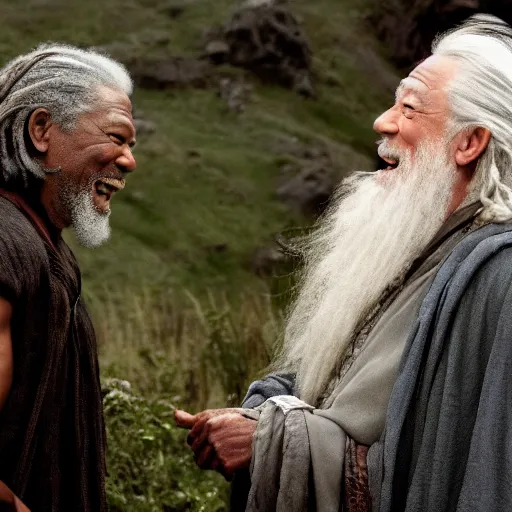 Image similar to Morgan Freeman as Gandalf the Grey laughing with Frodo, still from Lord of the Rings movie, detailed, 4k