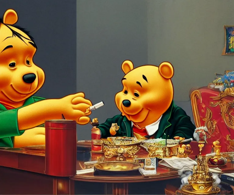 Prompt: hyperrealism movie still photography of real detailed high xi jinping with detailed face smoking detailed weed in detailed basement bedroom with high winnie the pooh hyperrealism photography by araki nobuyoshi