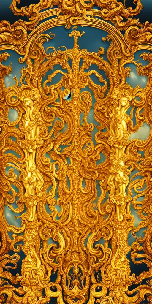 Prompt: the source of future growth dramatic, elaborate emotive Golden Baroque and Rococo styles to emphasise beauty as a transcendental, seamless pattern, symmetrical, large motifs, rainbow liquid splashing and flowing, Queen Catherine's palace, St. Petersberg, Amber room 8k image, supersharp, spirals and swirls in rococo style, medallions, iridescent black and rainbow colors with gold accents, perfect symmetry, High Definition, sci-fi, Octane render in Maya and Houdini, light, shadows, reflections, photorealistic, masterpiece, smooth gradients, high contrast, 3D, no blur, sharp focus, photorealistic, insanely detailed and intricate, cinematic lighting, Octane render, epic scene, 8K