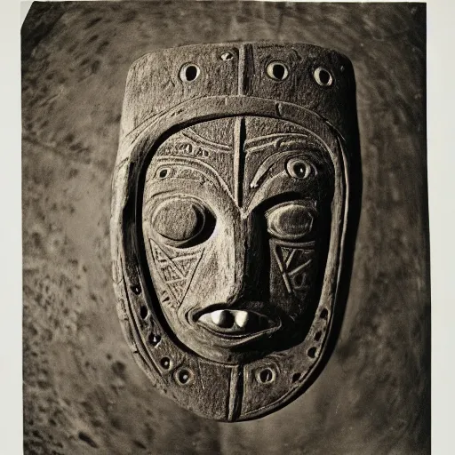 Image similar to photo portrait of precolumbian aztec shamanic metal face mask with fine detail engravings and runes cultist lord rich baron by Diane Arbus and Louis Daguerre