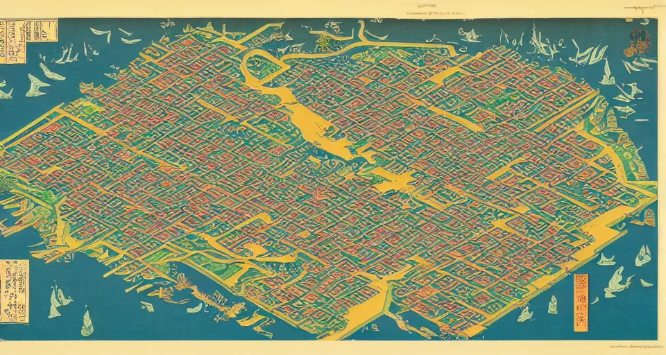 Image similar to 3 d isometric information map of a city island. time series charts, pie plots and other modern graphics. diego rivera ( ukiyo - e influence ). botanical illustration. hyperdetailed.