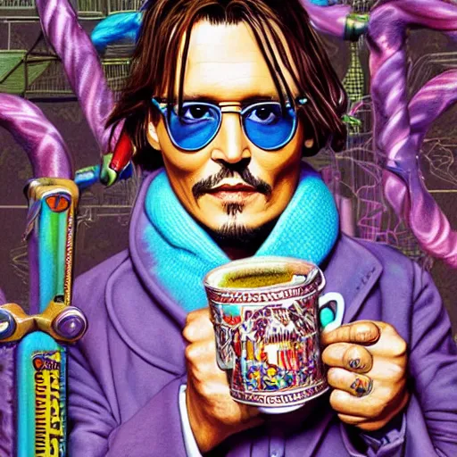 Image similar to Johnny Depp is covered in a blanket and drinking tea in Willy Wonka's Chocolate Factory, Illustration, Colorful, insanely detailed and intricate, super detailed, by Kyle Lambert