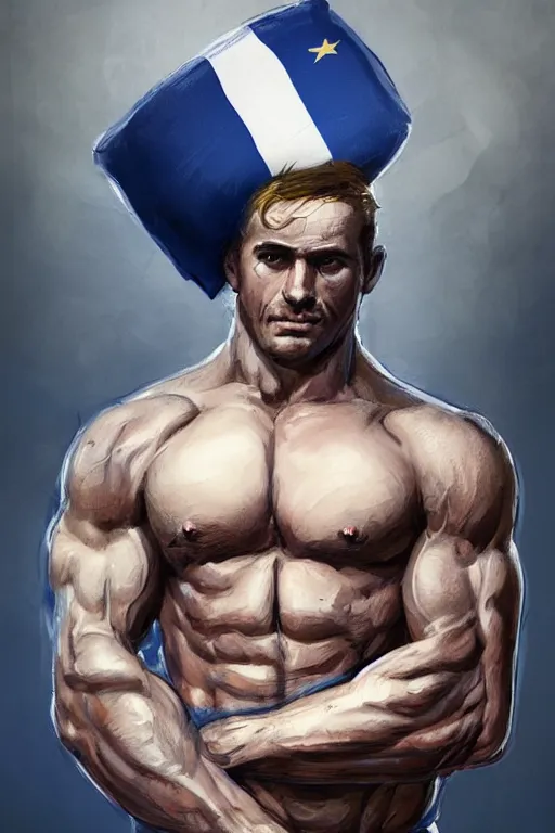 Prompt: portrait of crossfiter guillaume briant upper part of the body with a french flag cap and blond hairs, powerful, musculated, he got a big french musctache, by aenaluck, artgerm and roberto ferri and greg rutkowski, blue and white tones, digital painting, artstation, concept art, smooth, sharp foccus ilustration hq