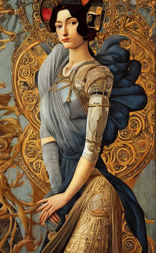 Image similar to beautifully painted mural of a stunning young cyborg muse in ornate linen fabric, transparent linen, space opera, beautiful ornaments, highly detailed, glowing eyes, sci fi setting, vogue cover poses, fashion magazine, mural in the style of sandro botticelli, caravaggio, albrecth durer