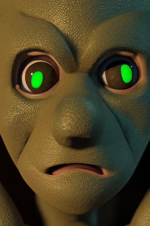 Prompt: happy golem face portrait, green eye, close up, awarded animation, cinematic lightning, octane render, unreal engine