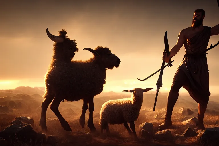 Prompt: biblical cain holding a lance and able holding a lamb, volumetric lighting, epic composition, hyper detailed, ultra realistic, sharp focus, octane render, volumetric, ray tracing, artstation trending, sense of awe, 4 k