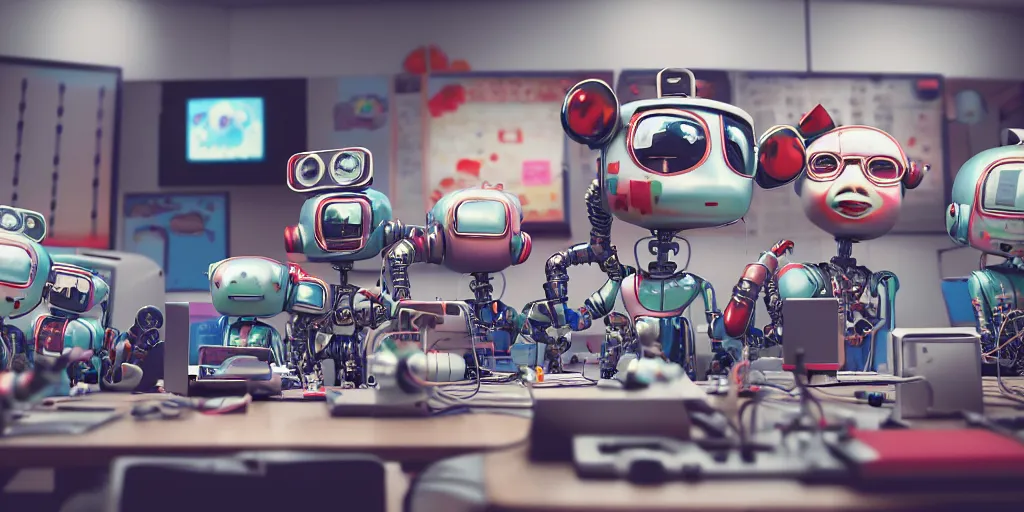 Prompt: closeup portrait of tin toy retro robots students taking computer lessons in a high tech classroom, depth of field, zeiss lens, detailed, centered, fashion photoshoot, by nicoletta ceccoli, mark ryden, lostfish, breathtaking, 8 k resolution, extremely detailed, beautiful, establishing shot, artistic, hyperrealistic, octane render