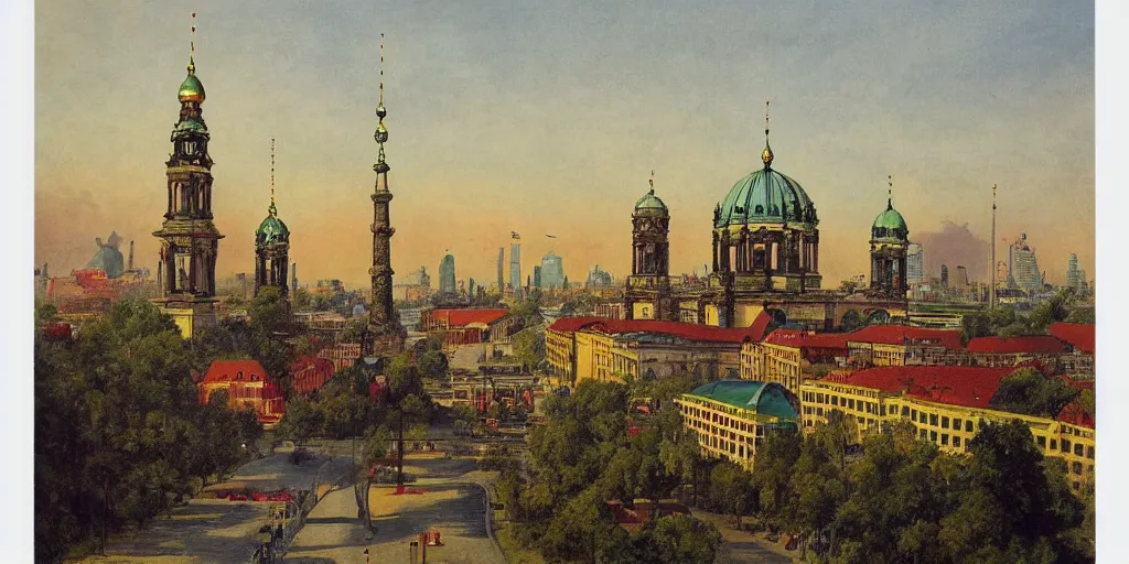 Image similar to berlin skyline in the style of raja ravi varma, high detail, realism