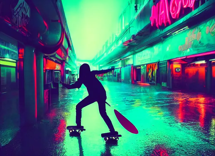 Prompt: a silhouetted person with long, flowing hair rides a skateboard through an empty neon - lit brutalist city in the rain, colored gel lighting, reflective surfaces, midnight, portra, film grain, high contrast, hyperdetailed, chromatic aberration, reminiscent of blade runner, dynamic pose