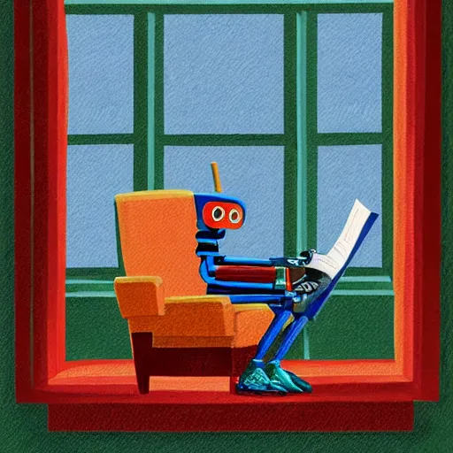 Prompt: robot reading the newspaper in his armchair in the background books near a window by Pablo piccaso