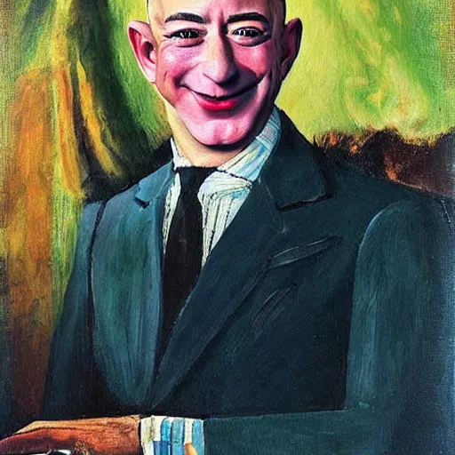 Image similar to “a deliriously happy king jeff bezos, portrait oil painting by Otto Dix, oil on canvas (1921)”