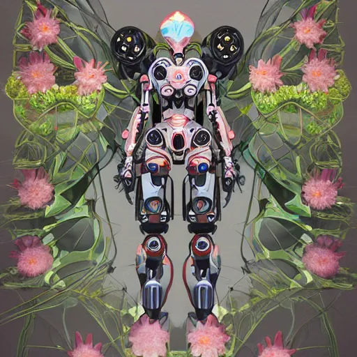 Image similar to symmetry, waterlily mobile combat suit floral robot, biomechanical, waterlily mecha nymphaea, detailed illustration, concept art, smooth, sharp focus, art by antoni gaudi