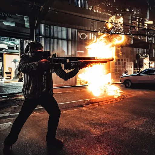 Image similar to a mafia gangster firing ar - 1 5, muzzle flash visible at the end of the barrel, highly detailed, photograph, firepower united, in new york street, cyberpunk