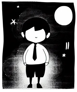 Image similar to little boy standing, holding umbrella, at night, full moon, cute anime style, black and white artwork, minimalist background