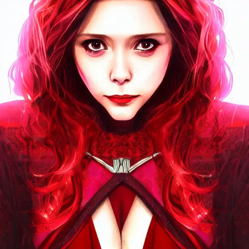 Prompt: Elizabeth Olsen as Scarlet Witch portrait, male anime style, illustrated by Avetetsuya Studios, intricate, detailed, photorealistic, trending on artstation, studio lighting, 4k, 8k