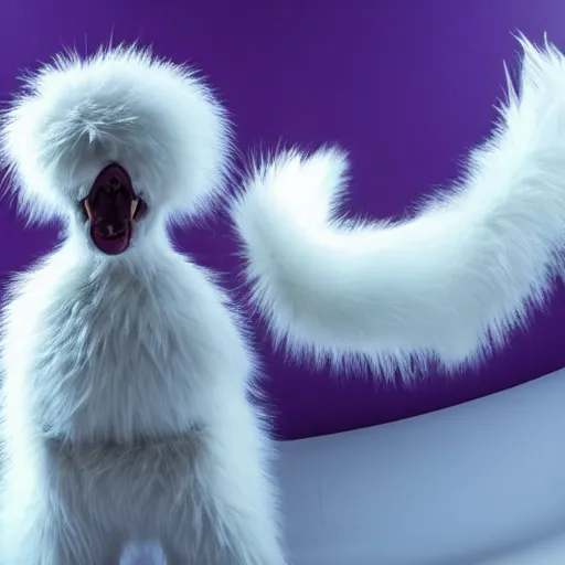 Image similar to A photo of a white fur monster standing in a purple room