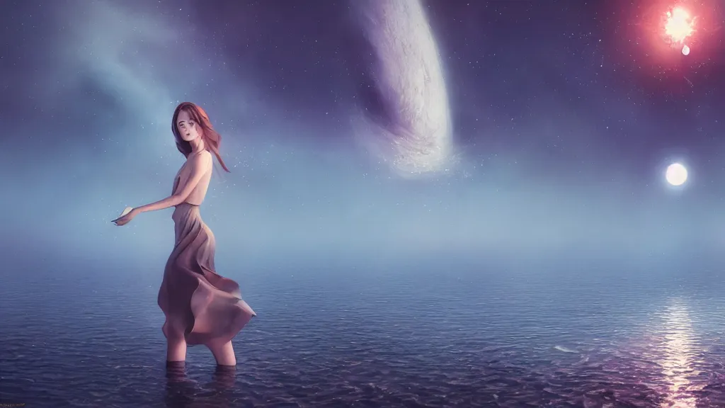 Image similar to whimsical, a beautiful whimsical woman, wearing professional makeup, standing in a lake, raising an arm, under a binary black hole with a ring, by Greg Rutkowski, by Ilya Kuvshinov, by artgerm, by Studio Ghibli, face enhance, volumetric lighting, 4k resolution, octane render, trending on artstation