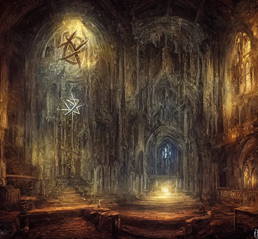 Image similar to inside old church with sage mage casting pentagram spell, dark colors, acrilic paint, brush paint, heavenly atmosphere, paint, ultra detailed, beautiful image, resolution, artstation