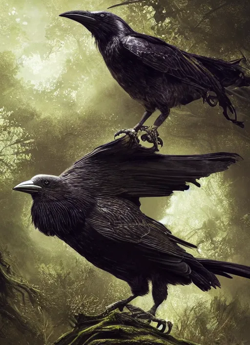 Prompt: glowing silver and golden elements, realistic crow, book cover, green forest, white moon, establishing shot, extremly high detail, photo-realistic, cinematic lighting, by Yoshitaka Amano, Ruan Jia, Kentaro Miura, Artgerm, post processed, concept art, artstation, matte painting, style by eddie mendoza, raphael lacoste, alex ross