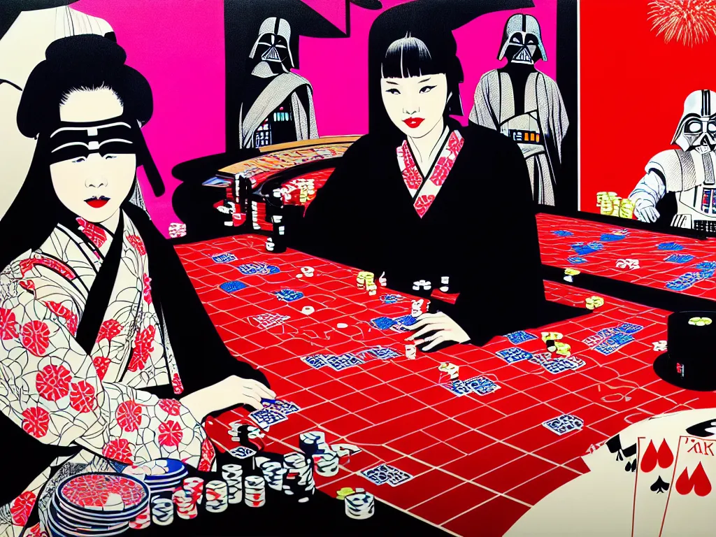 Image similar to hyperrealism composition of the detailed woman in a japanese kimono sitting at an extremely detailed poker table with darth vader, fireworks on the background, pop - art style, jacky tsai style, andy warhol style, acrylic on canvas