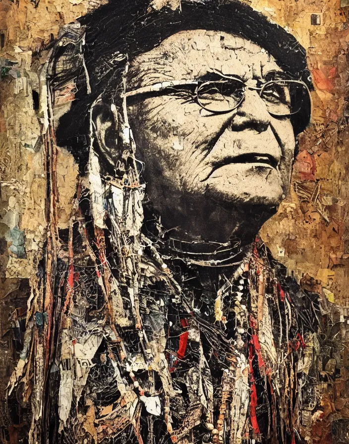 Prompt: portrait of chief joseph, detailed analogue mixed media collage with canvas texture in style of contemporary art, punk art, hyperrealistic beautiful face, photorealistic, expressionism, masterpiece, perfect composition, spectacular quality, intricate oil details, vivid broken glass, torn paper