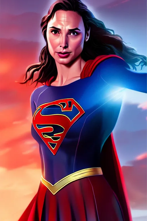 Image similar to gal gadot as supergirl, portrait,, highly detailed, digital painting, artstation, concept art, smooth, sharp focus, illustration, cinematic lighting,