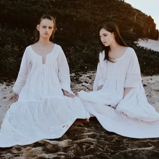 Prompt: two young ghost women wearing white dresses sitting on a blanket at a beach