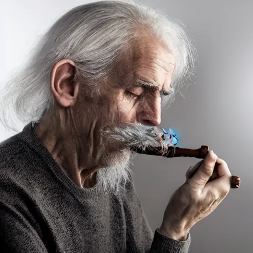 Image similar to wise old man, half face young, long white hair made of smoke coming out from a smoking pipe, meditation, photorealistic, intricate, elegant, hamingway.