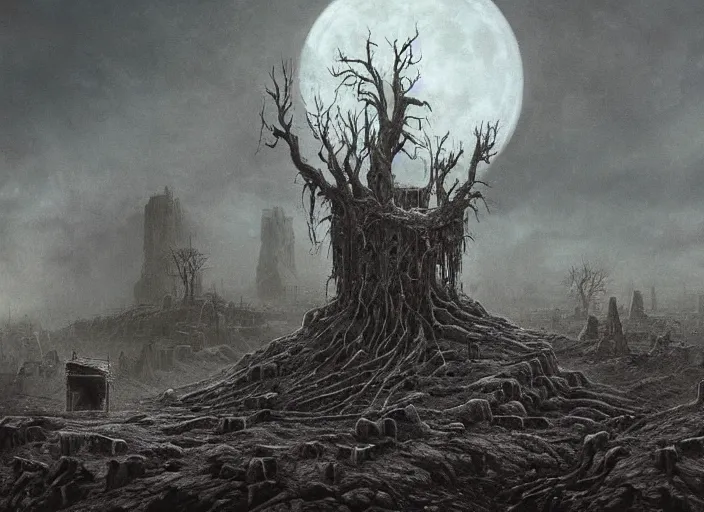 Image similar to a dramatic matte painting of The Tomb in the dystopian landscape is opening through the ground, the dead has arisen under the glowing moon, dead trees and a brooding landscape by Giger and Dariusz Zawadzki and Beksinski