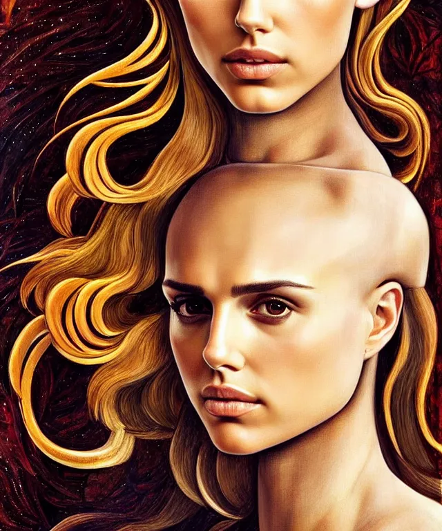 Image similar to half Nathalie portman half jessica alba portrait by Sandro Botticelli, sci-fi, amber eyes, beautiful face, appealing long hair, fantasy, intricate, elegant, highly detailed, digital painting, artstation, concept art, smooth, sharp focus, oil painted illustration by Sandro Botticelli