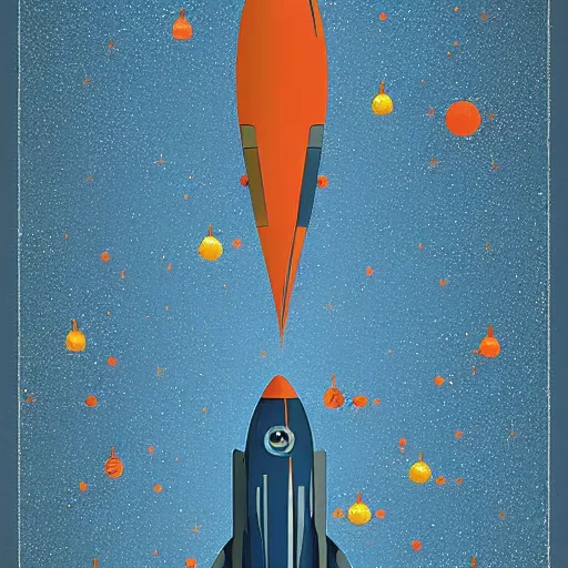 Prompt: blue v2 rocket in space, orange fruit as a planet, intricate sci-fi poster by Denis Villeneuve