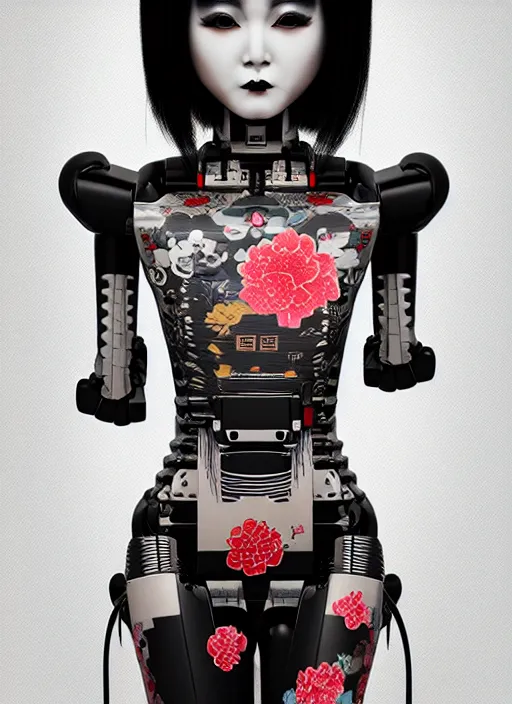 Image similar to full body portrait of a gothic japanese robot geisha with kanji tattoos and decals wearing a digital pixelated kimono, intricate design, photorealistic, octane render, raytraced, ultra fine detailed, character design, trending on artstation