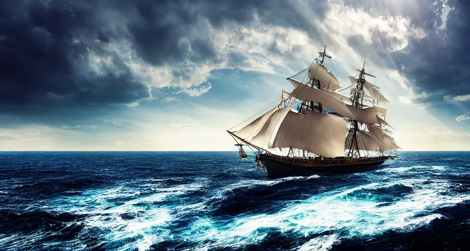 Image similar to a very large sailing ship in the middle of the sea, big waves, blue skies, voluminous clouds, dramatic lighting, sunshine rays, deep colors, masterpiece, amazing, beautiful, light bloom, photo - realistic, hyperdetailed, hyperrealistic, photography, 8 k resolution, behance hd, trending in artstation