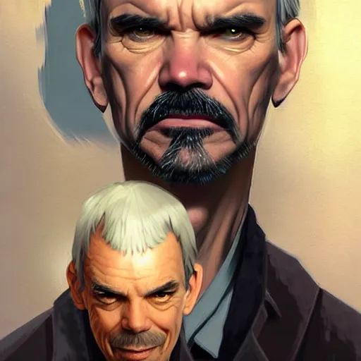 Prompt: billy bob thornton is lorne malvo is a cyborg, he has an eye implant and a metal jaw, drawn by krenz cushart