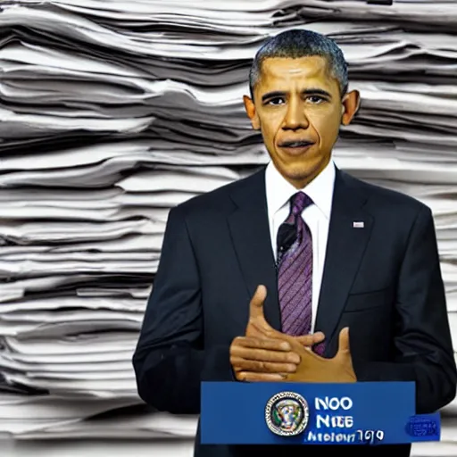 Prompt: film still cnn obama nervously standing next to a mountain of papers, 4 k