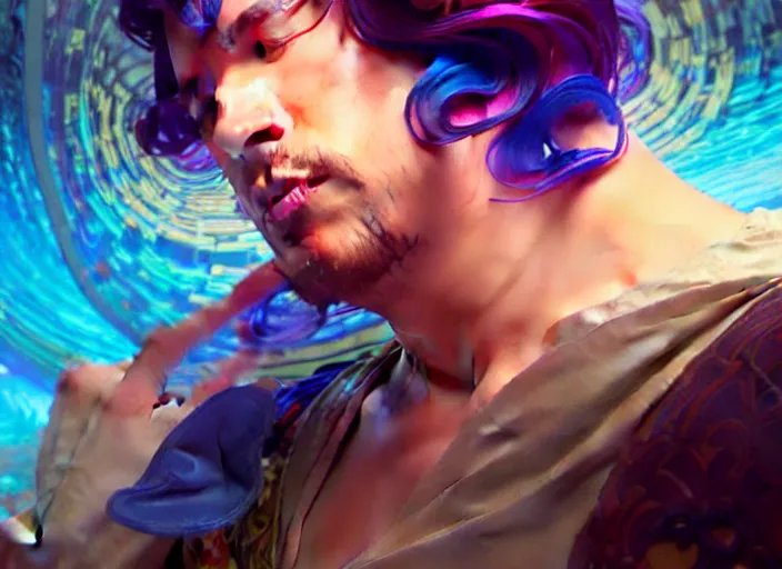 Prompt: a man in shock after he lost all his files, colorful swirly ripples, gaudy colors, aesthetic octane render, unreal engine, 8 k, art by artgerm, greg rutkowski, alphonse mucha