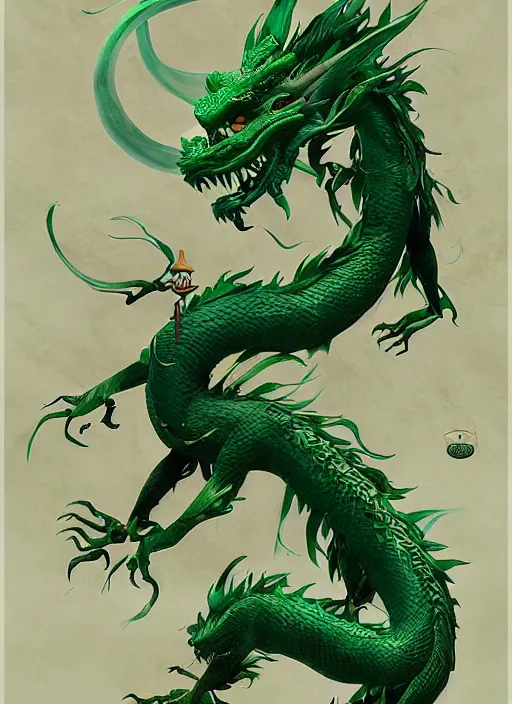 Image similar to a beautiful full - body green chinese dragon, wisdom, magical render in maya by peter mohrbacher and kentaro miura, artstation, 8 k ivan laliashvili, james gurney poster style