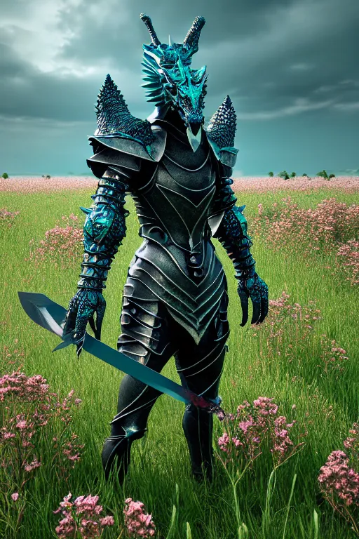 Image similar to high quality 3 d neo - gothic armored human dragon hybrid holding sword in a field of flowers, highly detailed unreal engine, vitaly bulgarov dramatic dark teal light, ground angle uhd 8 k, sharp focus