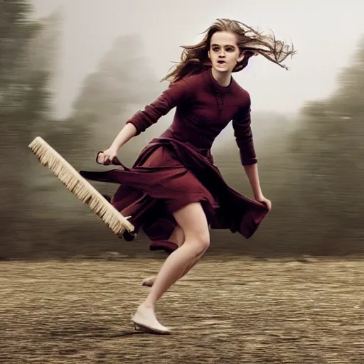 Image similar to a 4k photo of Emma Watson flying in a magical broomstick