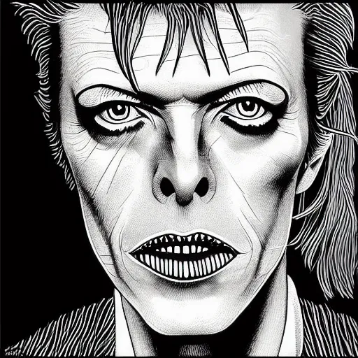 Prompt: a detailed portrait of David Bowie in the style junji ito, 8k, ornate, intricate