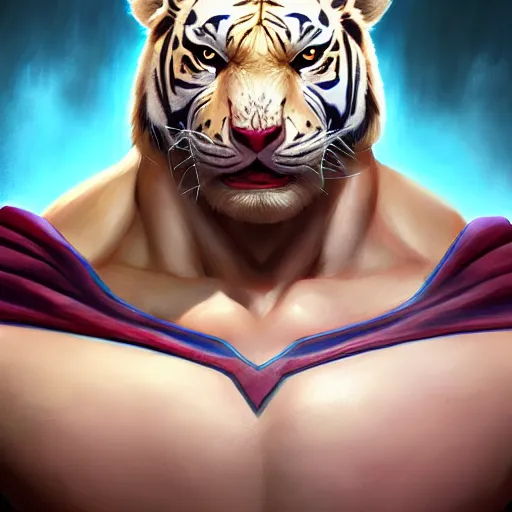 Image similar to a esthetic portrait commission of a muscular antrho albino tiger wearing the superman outfit,hyperdetailed face,character design by charlie bowater,ross tran,artgerm,makoto shibkai,photorealistic,western comic book art,film poster,deviantart,artstation