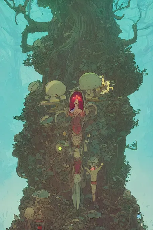 Prompt: abandonned robot un forbidden forest with trees and mushrooms on its head, stylized illustration by peter mohrbacher, moebius, mucha, victo ngai, colorful comics style