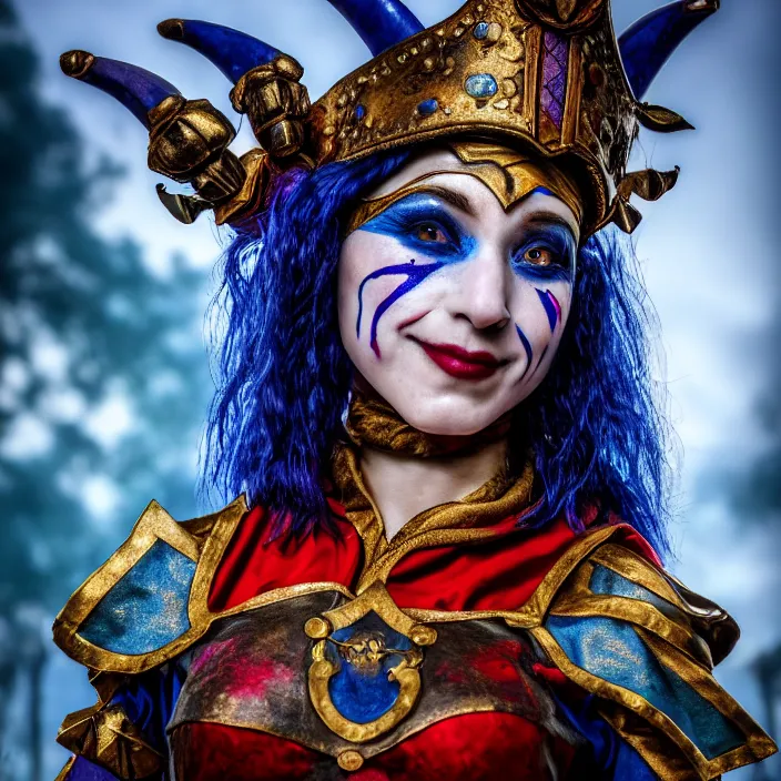 Image similar to photo of a real - life beautiful female jester warrior, 8 k, hdr, smooth, sharp focus, high resolution, award - winning photo