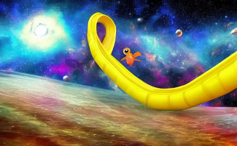 Prompt: a giant water slide through space with shrimp characters on it, colorful nebula's, earth in the background