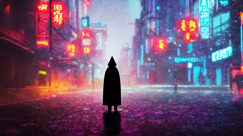 Prompt: Animated film still, medium distance, a cloaked figure with glowing white eyes wandering through vibrant and colorful alien city at night, light rain, neon lights, dramatic depth of field, award-winning animated short film inspired by Studio Ghibli