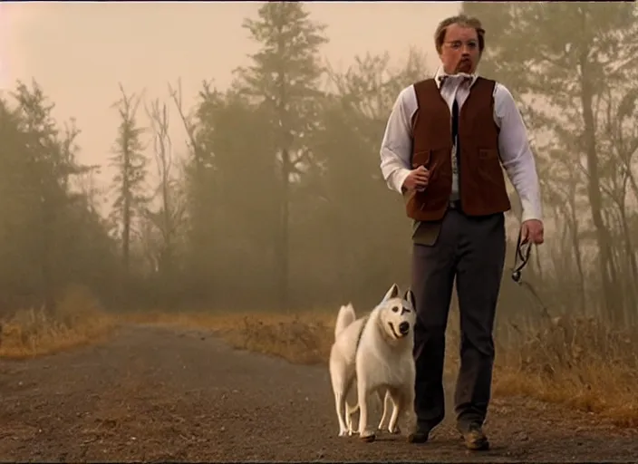 Image similar to film still of an anthropomorphic standing upright man dog white vested husky!!!!!! in a white vest wearing a white vest!!!!! in the new sci - fi movie, 8 k