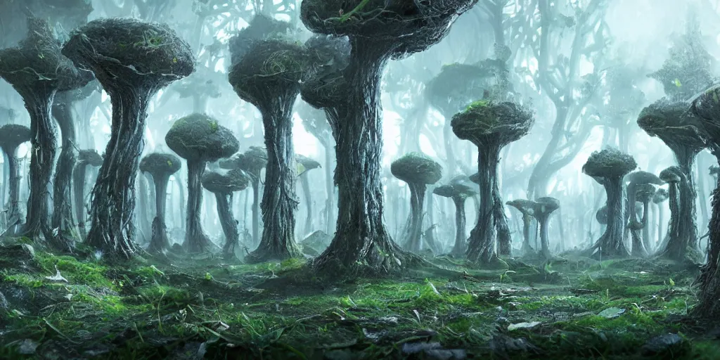 Prompt: fungus forest city, trending on artstation