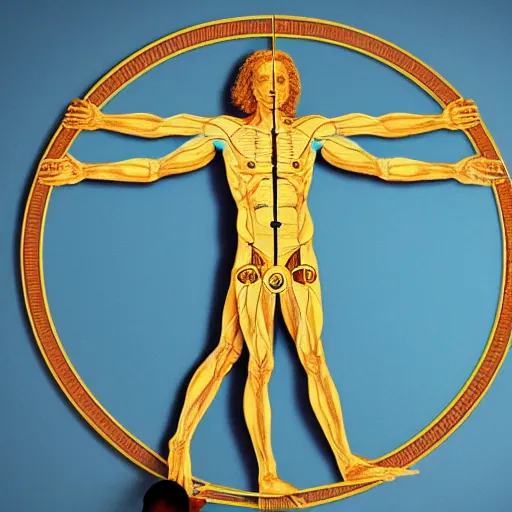 Prompt: the Vitruvian Man as a real person in real life with 4 arms and 4 legs doing cartwheels in a park, ultra detailed, 8k resolution, ultrarealistic